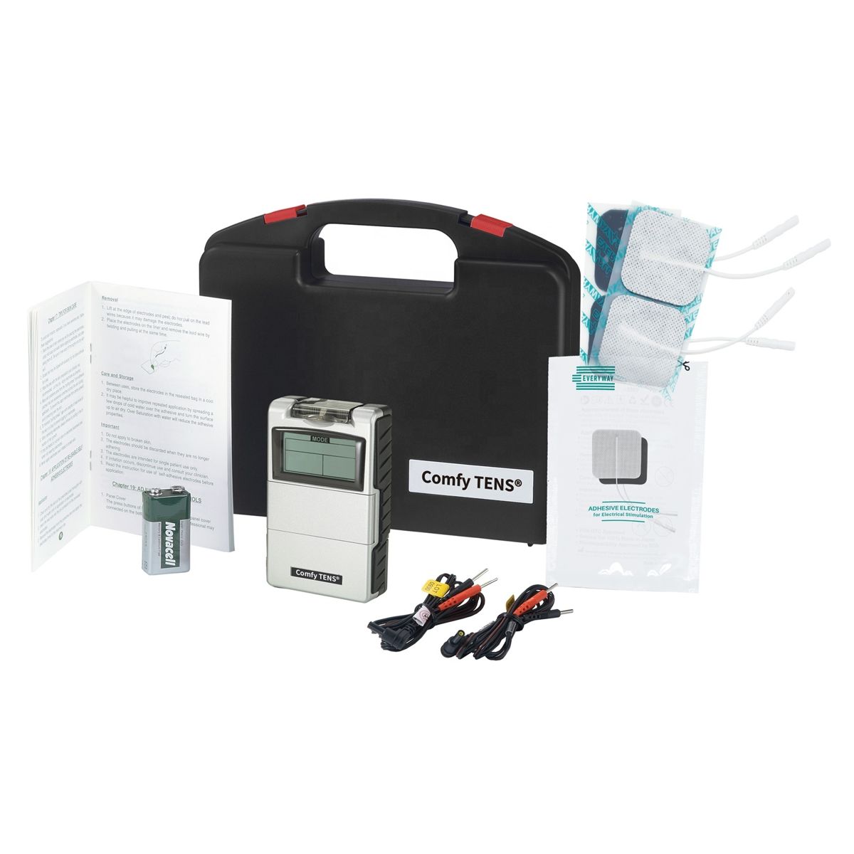 Digitale TENS EV804 met zwarte koffer, elektrodes, snoeren, batterij en handleiding