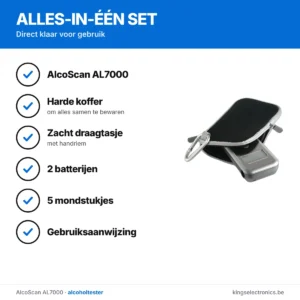 Inhoud van de AlcoScan AL7000 set: toestel, harde koffer, draagtasje, batterijen, mondstukjes en handleiding