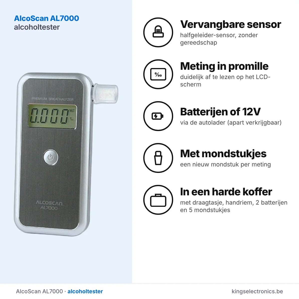 AlcoScan AL7000 alcoholtester: vervangbare sensor, meting in promille, batterijen of 12V, mondstukjes en harde koffer