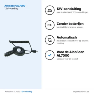Autolader AL7000: 12V-aansluiting, werkt zonder batterijen, voor de AlcoScan AL7000