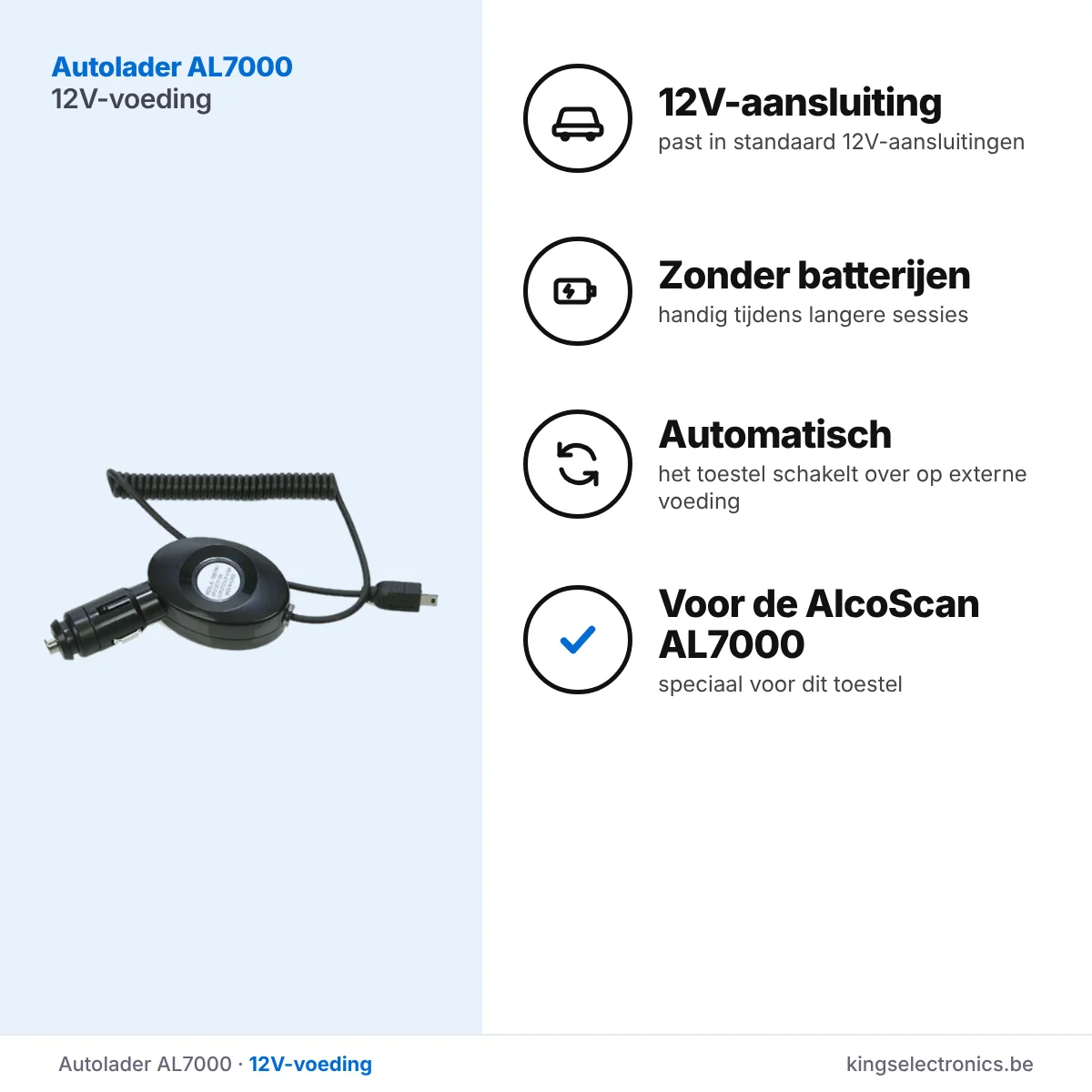 Autolader AL7000: 12V-aansluiting, werkt zonder batterijen, voor de AlcoScan AL7000