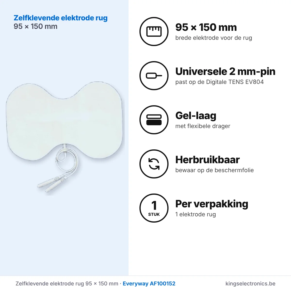 Zelfklevende elektrode rug 95 × 150 mm, universele 2 mm-pin, herbruikbaar