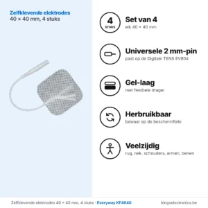 Zelfklevende elektrodes 40 × 40 mm, set van 4, universele 2 mm-pin, herbruikbaar